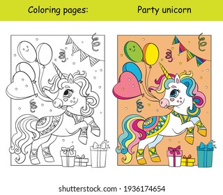 Cute party unicorn with balloons. Coloring book page for children with colorful template. Vector cartoon isolated illustration. For coloring book, preschool education, print, game, decor.