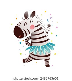 Cute party zebra wearing skirt, quirky cartoon for kids. Festive event character for children, funny happy celebrating zebra. Vector hand drawn colorful character design illustration for kids party.