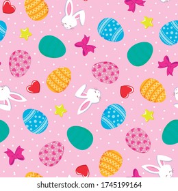 Cute pascua pattern with color eggs, white rabbits, stars, hearts and pink background