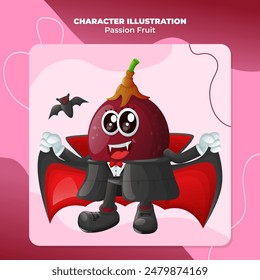 Cute passion fruit character dressed as a vampire. Perfect for kids, merchandise and sticker, banner promotion or blog

