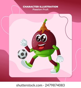 Cute passion fruit character playing soccer. Perfect for kids, merchandise and sticker, banner promotion or blog
