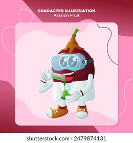 Süße Passionsfrucht-Figur als Wissenschaftler. Perfekt für Kinder, Merchandise und Aufkleber, Banner-Förderung oder Blog
