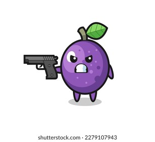 el tierno personaje de la fruta de la pasión con una pistola , diseño de estilo lindo para camiseta, pegatina, elemento logo