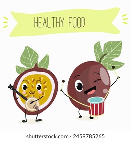 Cute passion fruit characters, funny fruits, funny berry with different activities. Flat vector illustration. Organic food, healthy food, illustrations for kids menu, invitations.