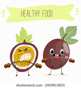 Cute passion fruit characters, funny fruits, funny berry with different activities. Flat vector illustration. Organic food, healthy food, illustrations for kids menu, invitations.