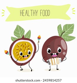 Cute passion fruit characters, funny fruits, funny berry with different activities. Flat vector illustration. Organic food, healthy food, illustrations for kids menu, invitations.