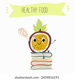 Personajes lindos de fruta de la pasión, frutas divertidas, bayas divertidas con diferentes actividades. Ilustración vectorial plana. Comida orgánica, comida saludable, menú de ilustraciones para niños, invitaciones.