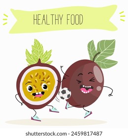 Cute passion fruit characters, funny fruits, funny berry with different activities. Flat vector illustration. Organic food, healthy food, illustrations for kids menu, invitations.
