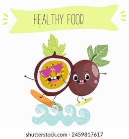 Personajes lindos de fruta de la pasión, frutas divertidas, bayas divertidas con diferentes actividades. Ilustración vectorial plana. Comida orgánica, comida saludable, menú de ilustraciones para niños, invitaciones.