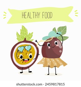 Cute passion fruit characters, funny fruits, funny berry with different activities. Flat vector illustration. Organic food, healthy food, illustrations for kids menu, invitations.