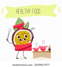Cute passion fruit characters, funny fruits, funny berry with different activities. Flat vector illustration. Organic food, healthy food, illustrations for kids menu, invitations.