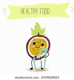 Cute passion fruit characters, funny fruits, funny berry with different activities. Flat vector illustration. Organic food, healthy food, illustrations for kids menu, invitations.