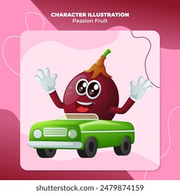 Cute passion fruit characters playing with car toy. Perfect for kids, merchandise and sticker, banner promotion or blog
