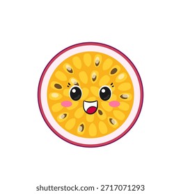 Cute passion fruit, fun cartoon character, exotic tropical fruit, big eyes, happy smiling face, emotions joy delight, kawaii style, icon vector illustration.