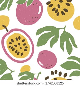 Hand Drawn Seamless Pattern Passion Fruit. Print Design For