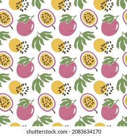 Cute passion fruit seamless pattern. Bright fruits, leaves and seeds in cartoon style. Vector flat hand drawn illustration