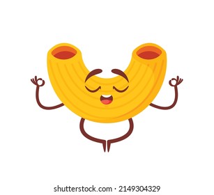 Cute Pasta Character Meditate Isolated on White Background. Yogi Noodles Italian Wheat Food. Macaroni Mascot Emoji with Kawaii Peaceful Face. Menu Meal Meditation, Relax. Cartoon Vector Illustration