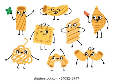 Cute pasta characters. Cartoon smiling ravioli, spaghetti, spirals, italian cuisine food, funny noodles products, happy faces, vector set.eps
