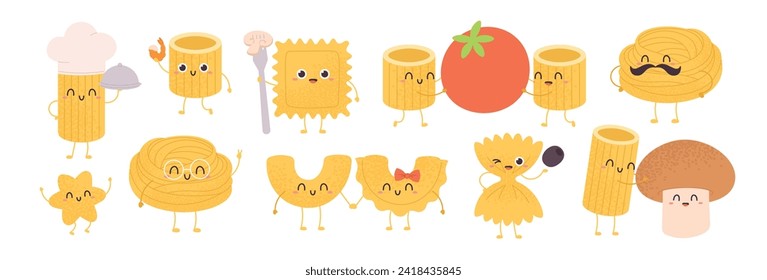 Personajes de pasta pura. Fideos cómicos con ingredientes frescos diferentes. Cocina italiana, raviolis con champiñones, tomates, racy vector set