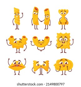 Cute Pasta Characters Emoji, Italian Wheat Food. Macaroni Mascots With Hands, Legs and Kawaii Smiling Faces. Traditional Dough Menu Meals, Decorative Elements. Cartoon Vector Illustration, Icons Set