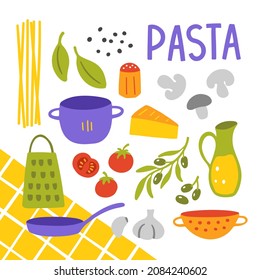 Cute pasta ingredients set. Italian cuisine recipe. Vector flat hand drawn spaghetti, basil, mushrooms, garlic, spices, tomatoes, olives, oil, parmesan, grater, saucepan, frying pan, strainer