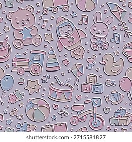 Cute pastel 3D embossed seamless pattern with baby toys, animals, stars, rockets, drums and blocks. Soft nursery emboss relief textured design for kids textiles, wallpaper, wrapping and backgrounds.