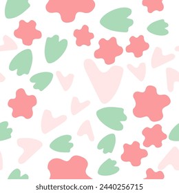 Lindo patrón abstracto pastel con elementos rosa, verde y rosa claro. Flores, corazones y hojas. Diseño femenino. Fondo blanco. Vector patrón sin fisuras.