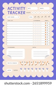 Rastreador de atividade pastel bonito com lista de tarefas, pontos de progresso, frutas e ingestão de água, notas e lembretes. Perfeito para rastreamento de hábitos, bem-estar e planejamento de produtividade.