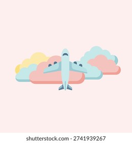Cute Pastel Airplane Flying Through Clouds — Flat Vector Illustration with Soft Pink, Blue and Yellow Sky