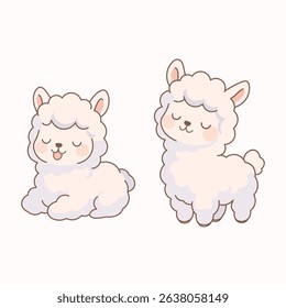Cute pastel alpaca illustration with kawaii cartoon style and soft cream tones