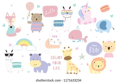 Cute pastel animal icon with fox,bear,llama,unicorn,lion,giraffe,hippopotamus,cat,elepahnt and rainbow