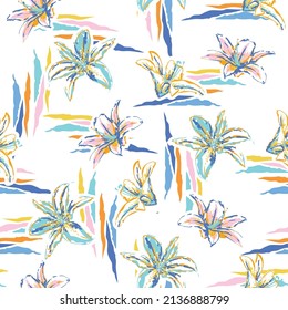 Cute Pastel Artistic summer blooming lily  flowers seamless pattern in vector hand brushed strokes  ,Hand painting design for fashion,fabric,wallpaper,web and all prints on white