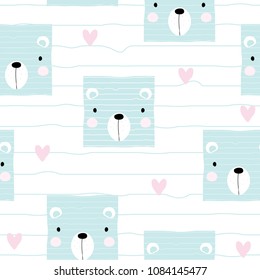 Cute pastel bear face seamless pattern. Vector hand drawn illustration.