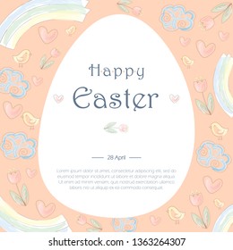 Cute Pastel Beige Postcard, invitation. Happy Easter! On the background of watercolor sketch of Rainbow, flowers, hearts, chickens and clouds