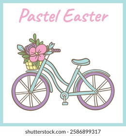 Cute pastel bicycle with a basket full of colorful flowers, symbolizing spring, nature, and joyful Easter celebrations in a whimsical design