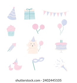 Cute Pastel Birthday Element Illustration Design Set