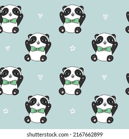 Cute pastel blue pattern with line doodle panda with hearts, stars. Seamless background. Textiles for children. Minimalism paper scrapbook for kids.