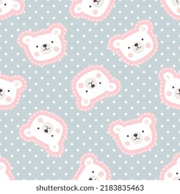 cute pastel blue and pink polar bear face sticker style with polka dot background, kids seamless pattern texture for wrapping paper, fabric and textile print