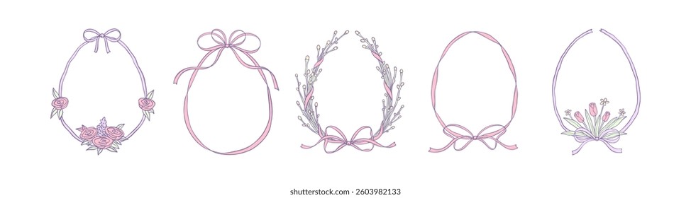 Cute pastel boho bouquet set. Easter egg frames with ribbon and bow. Whimsical coquette minimalist trendy wavy borders. Aesthetic spring, wedding, birthday design elements. Invite template
