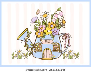 Cute Pastel Bookish Spring Reading Bookstore watering can shaped Cartoon Doodle Illustration 