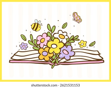Cute Pastel Bookish Spring Reading 
Open Book with Flowers and bee Cartoon Doodle Illustration 