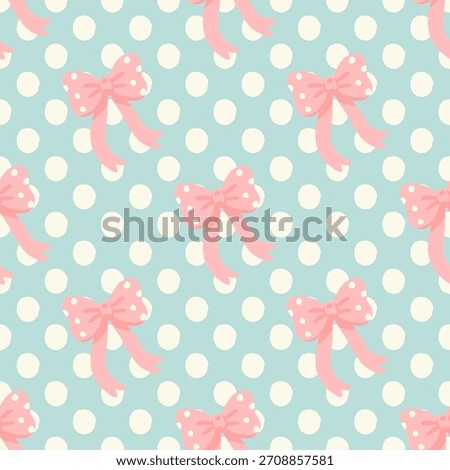 Cute pastel bow pattern seamless design with pink polka dot ribbon bows on light blue background adorable decorative repeating motif for kids textile wallpaper and gift wrapping illustration.