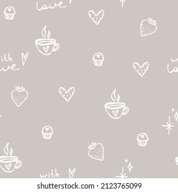 Frische Pastellbraune Muster mit weißem Doodle-Line-Kaffee, Tee, Café, Muffins, Erdbeere, Dessert mit Liebe. Textilien für Kinder, Stoff, Buch, Schlafzimmer, Baby. Digitales Papierhandbuch.