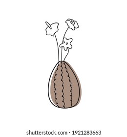The cute pastel brown vase. Vector doodle illustration. Hand-drawn clip art. The bouquet of garden flowers in decorative vase.