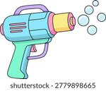 Cute Pastel Bubble Gun Illustration, Colorful Cartoon Toy Blaster with Bubbles, Nostalgic Kids Play Design Element