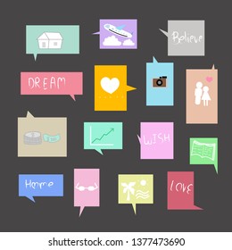 CUTE PASTEL BUBBLE SPEECH SET FOR TEXT, QUESTION, STICKER, THINKING, IDEA IN MODERN STYLE. GRAPHIC ILLUSTRATION VECTOR CAN USE FOR  ICON OR BACKGROUND