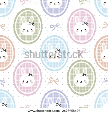 Cute Pastel Bunny Faces in Plaid Oval Frames with tiny bows Seamless Pattern. Perfect for baby products, fabric prints, wallpapers, and kids stationery.