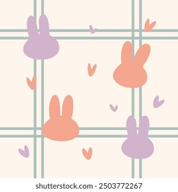 Cute Pastel Bunny and Hearts Plaid Seamless Pattern