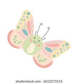 Cute pastel butterfly with heart-decorated wings and a smiling face, perfect for spring cards, baby decor, kids art, and Valentine’s designs.