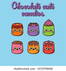 Cute pastel candies, cute Character, Vector illustration of different shapes and kinds of chocolate candies. 